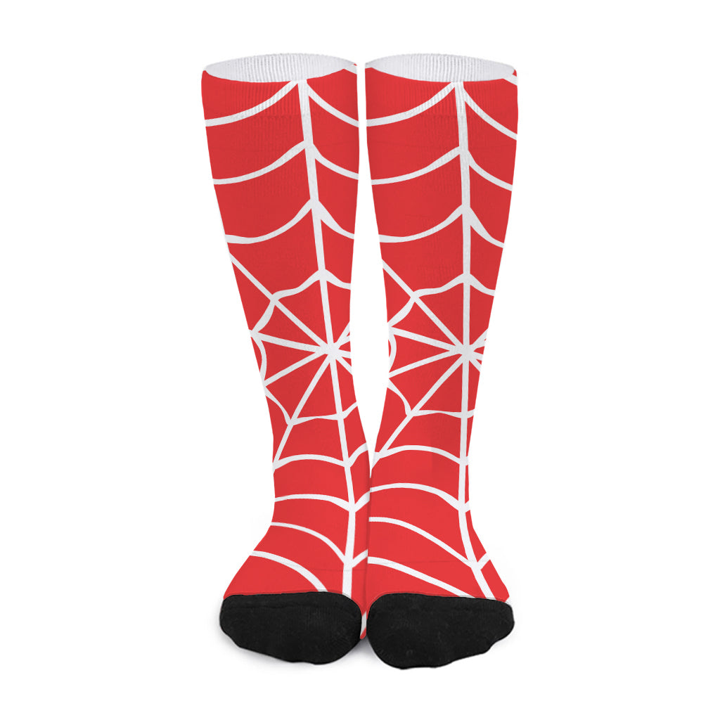 Red And White Spider Web Pattern Print Long Socks