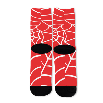 Red And White Spider Web Pattern Print Long Socks