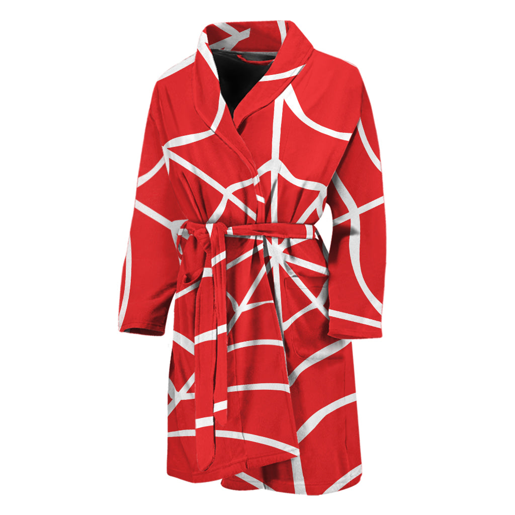 Red And White Spider Web Pattern Print Men's Bathrobe