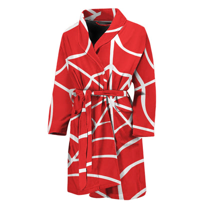 Red And White Spider Web Pattern Print Men's Bathrobe