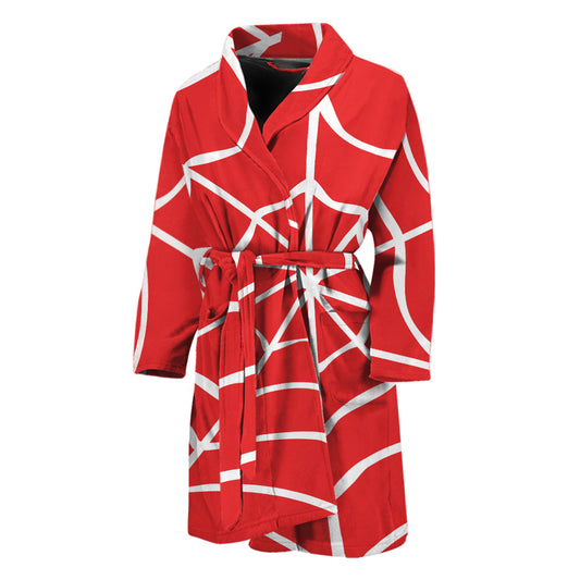 Red And White Spider Web Pattern Print Men's Bathrobe