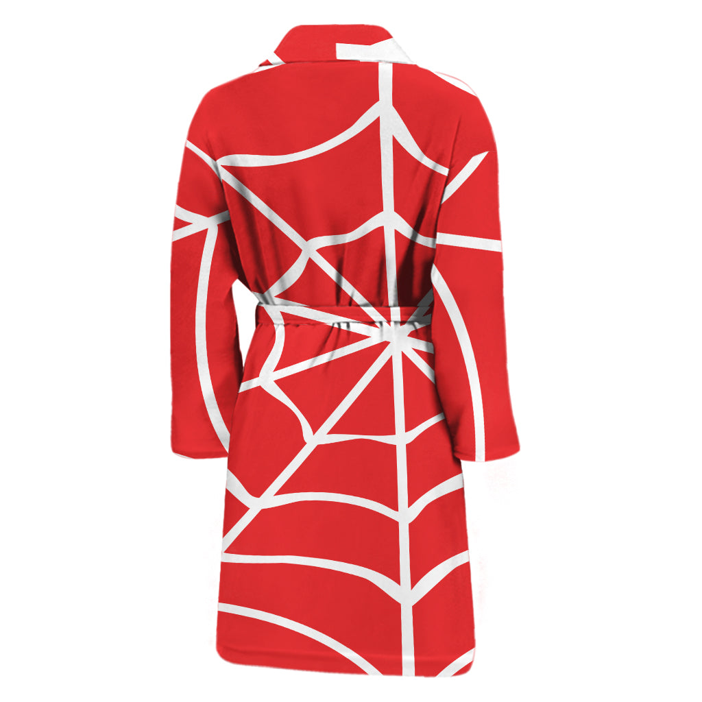 Red And White Spider Web Pattern Print Men's Bathrobe