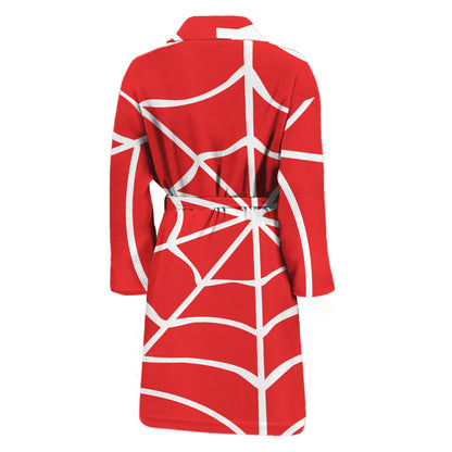Red And White Spider Web Pattern Print Men's Bathrobe
