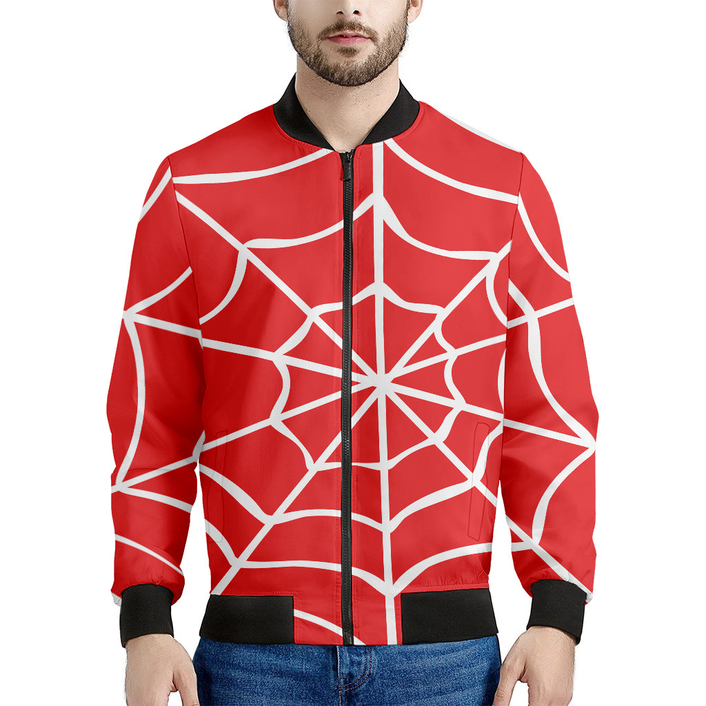 Red And White Spider Web Pattern Print Men's Bomber Jacket