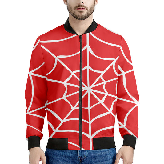 Red And White Spider Web Pattern Print Men's Bomber Jacket