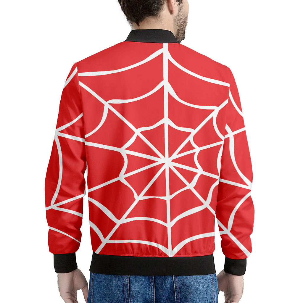 Red And White Spider Web Pattern Print Men's Bomber Jacket
