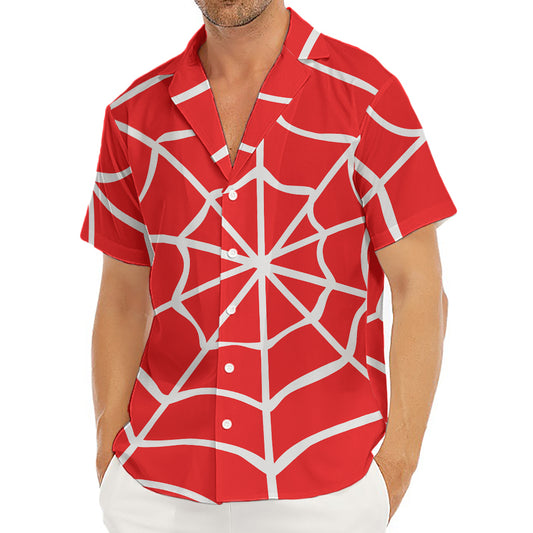 Red And White Spider Web Pattern Print Men's Deep V-Neck Shirt