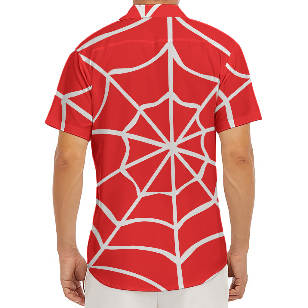 Red And White Spider Web Pattern Print Men's Deep V-Neck Shirt