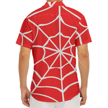 Red And White Spider Web Pattern Print Men's Deep V-Neck Shirt