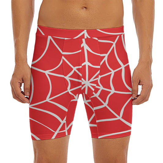 Red And White Spider Web Pattern Print Men's Long Boxer Briefs