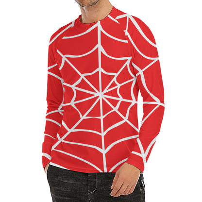 Red And White Spider Web Pattern Print Men's Long Sleeve Rash Guard