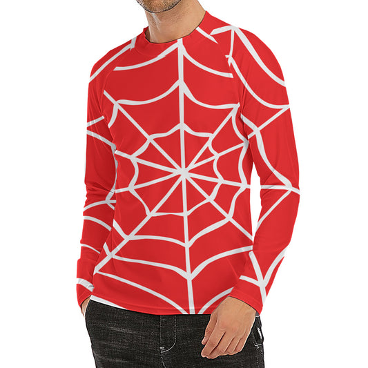 Red And White Spider Web Pattern Print Men's Long Sleeve Rash Guard