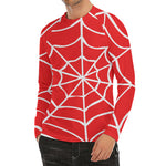 Red And White Spider Web Pattern Print Men's Long Sleeve Rash Guard