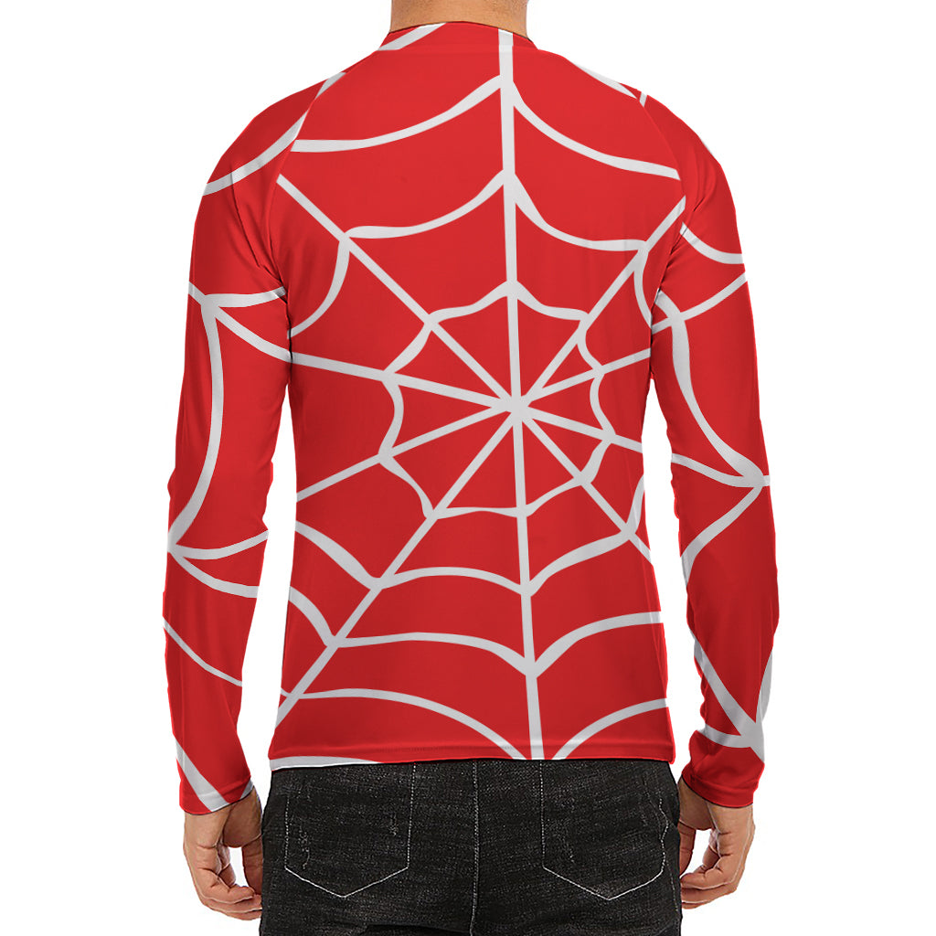 Red And White Spider Web Pattern Print Men's Long Sleeve Rash Guard