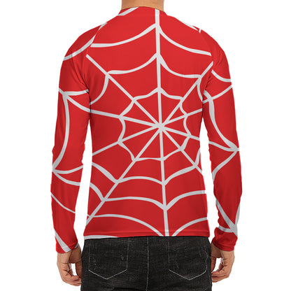 Red And White Spider Web Pattern Print Men's Long Sleeve Rash Guard