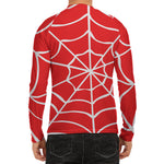 Red And White Spider Web Pattern Print Men's Long Sleeve Rash Guard