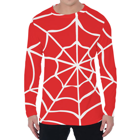 Red And White Spider Web Pattern Print Men's Long Sleeve T-Shirt