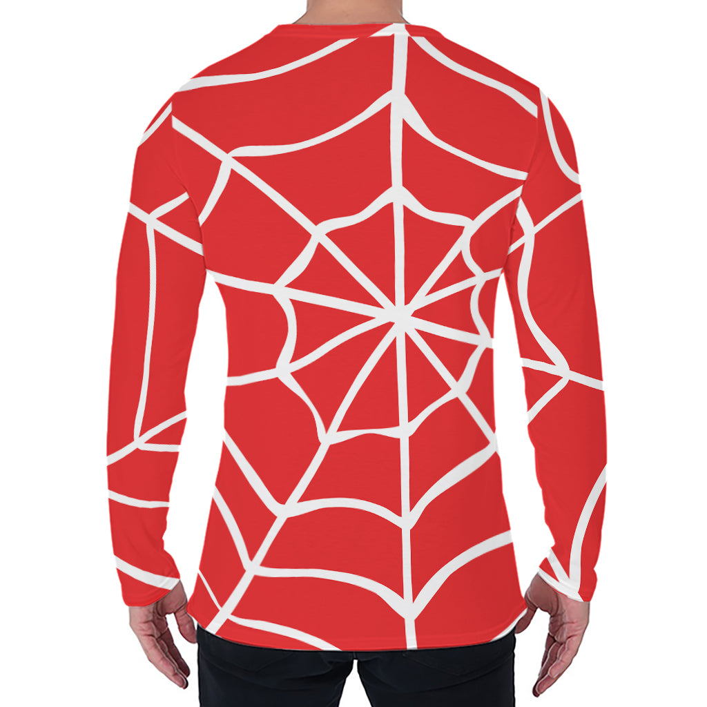 Red And White Spider Web Pattern Print Men's Long Sleeve T-Shirt