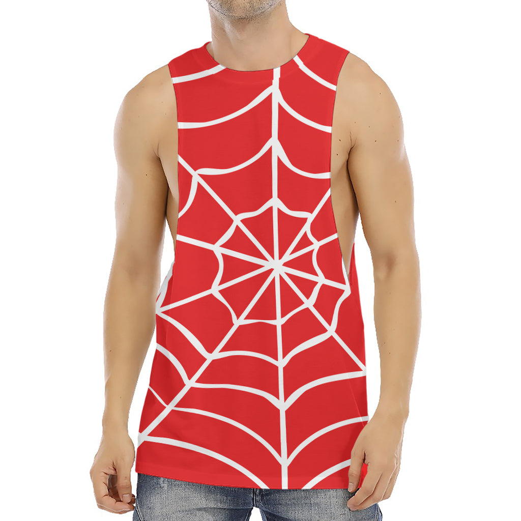 Red And White Spider Web Pattern Print Men's Muscle Tank Top