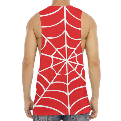 Red And White Spider Web Pattern Print Men's Muscle Tank Top