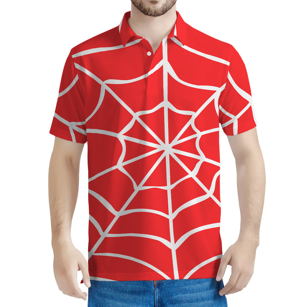Red And White Spider Web Pattern Print Men's Polo Shirt