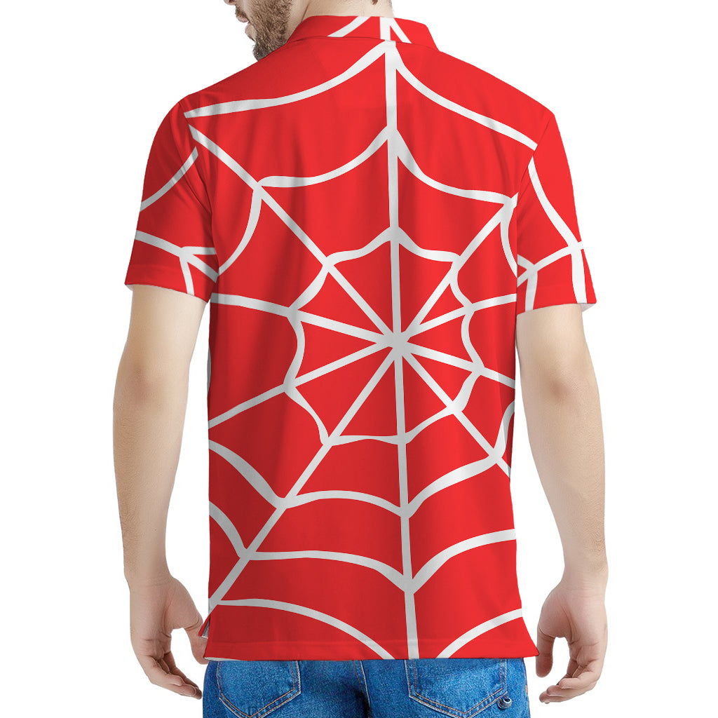 Red And White Spider Web Pattern Print Men's Polo Shirt