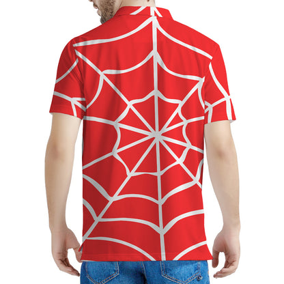Red And White Spider Web Pattern Print Men's Polo Shirt