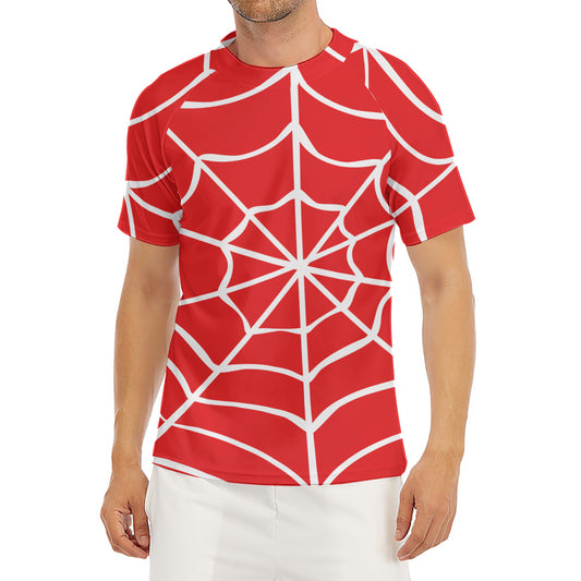 Red And White Spider Web Pattern Print Men's Short Sleeve Rash Guard