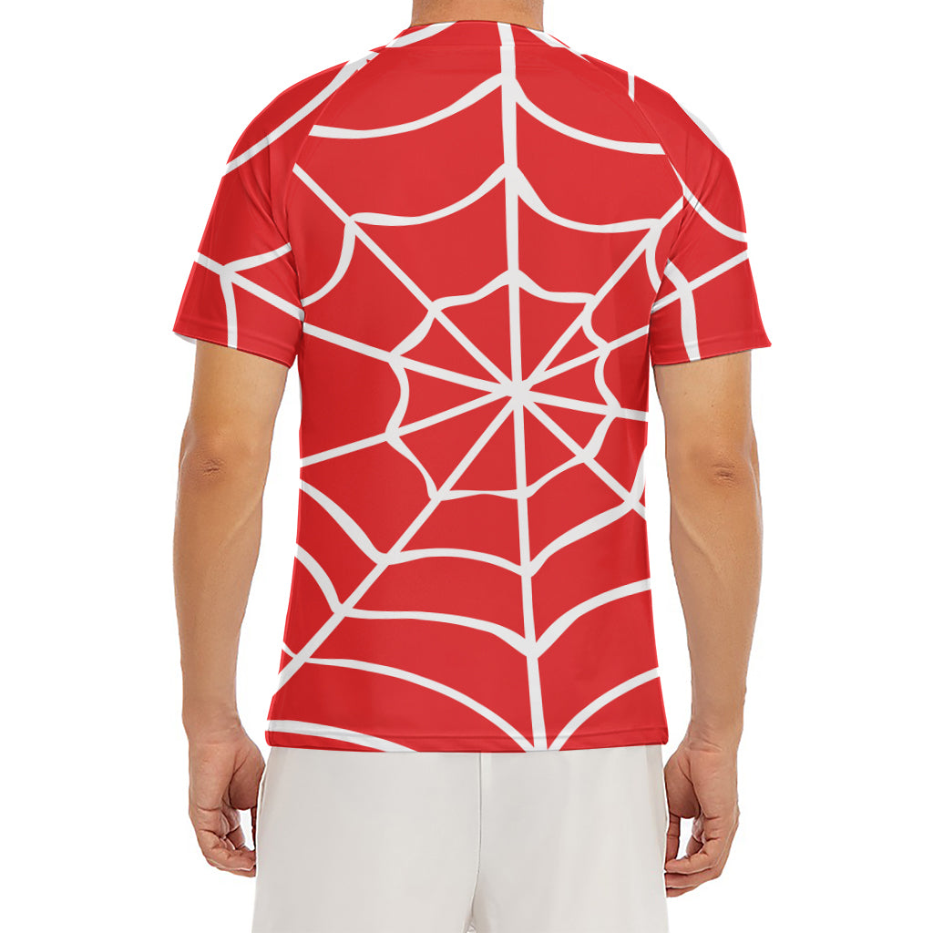 Red And White Spider Web Pattern Print Men's Short Sleeve Rash Guard