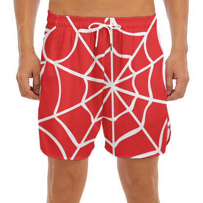 Red And White Spider Web Pattern Print Men's Split Running Shorts