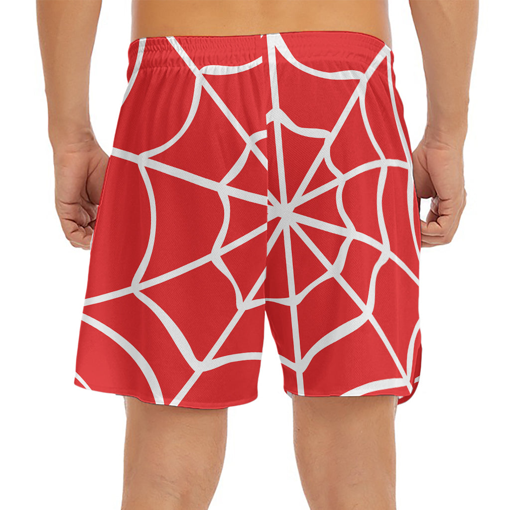 Red And White Spider Web Pattern Print Men's Split Running Shorts