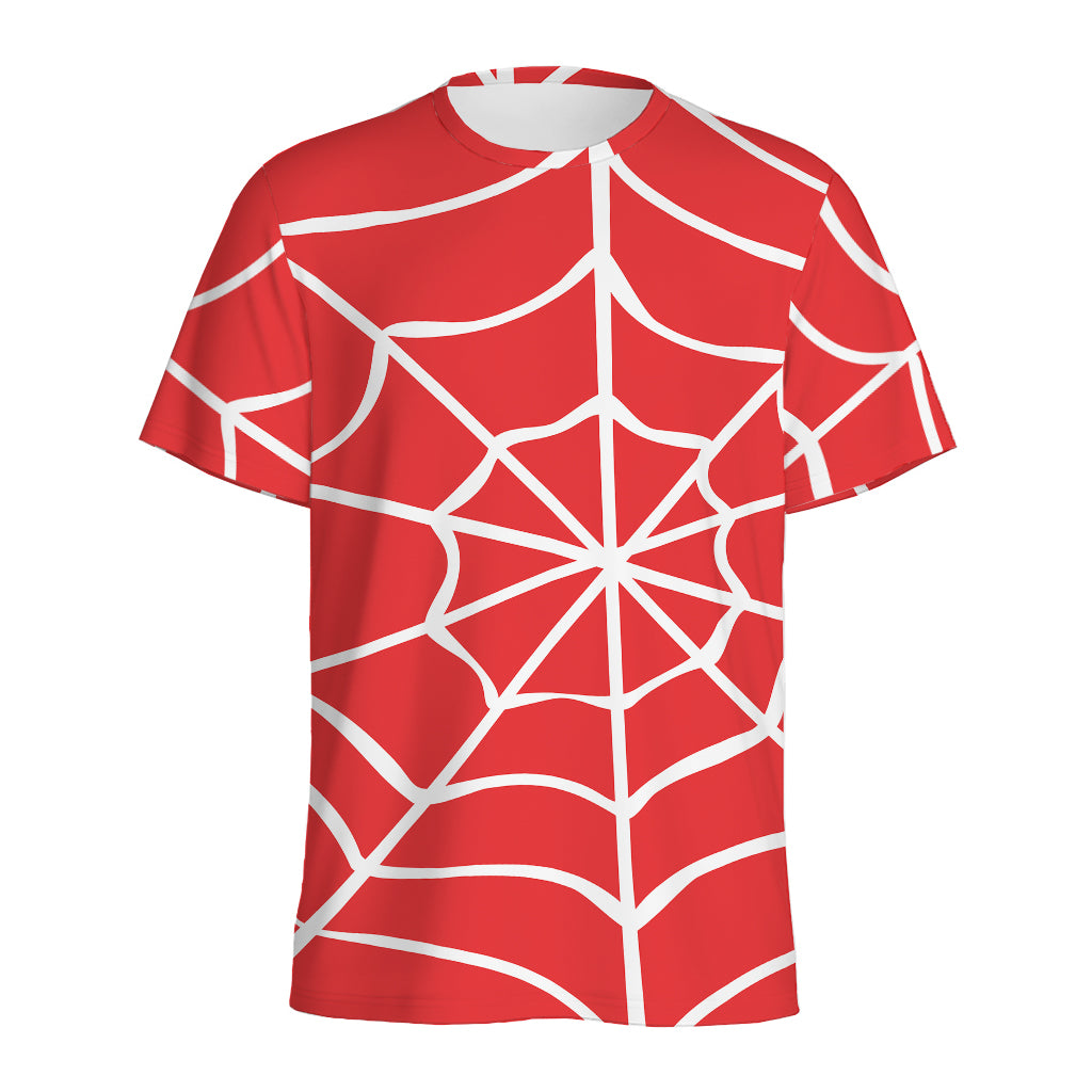 Red And White Spider Web Pattern Print Men's Sports T-Shirt
