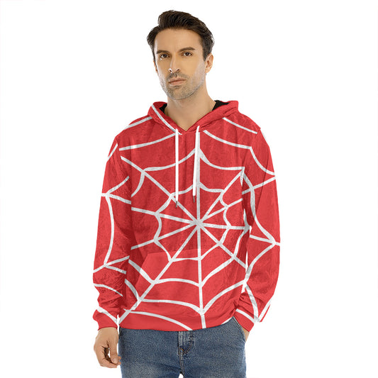 Red And White Spider Web Pattern Print Men's Velvet Pullover Hoodie
