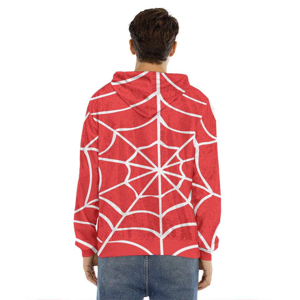 Red And White Spider Web Pattern Print Men's Velvet Pullover Hoodie