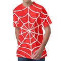 Red And White Spider Web Pattern Print Men's Velvet T-Shirt