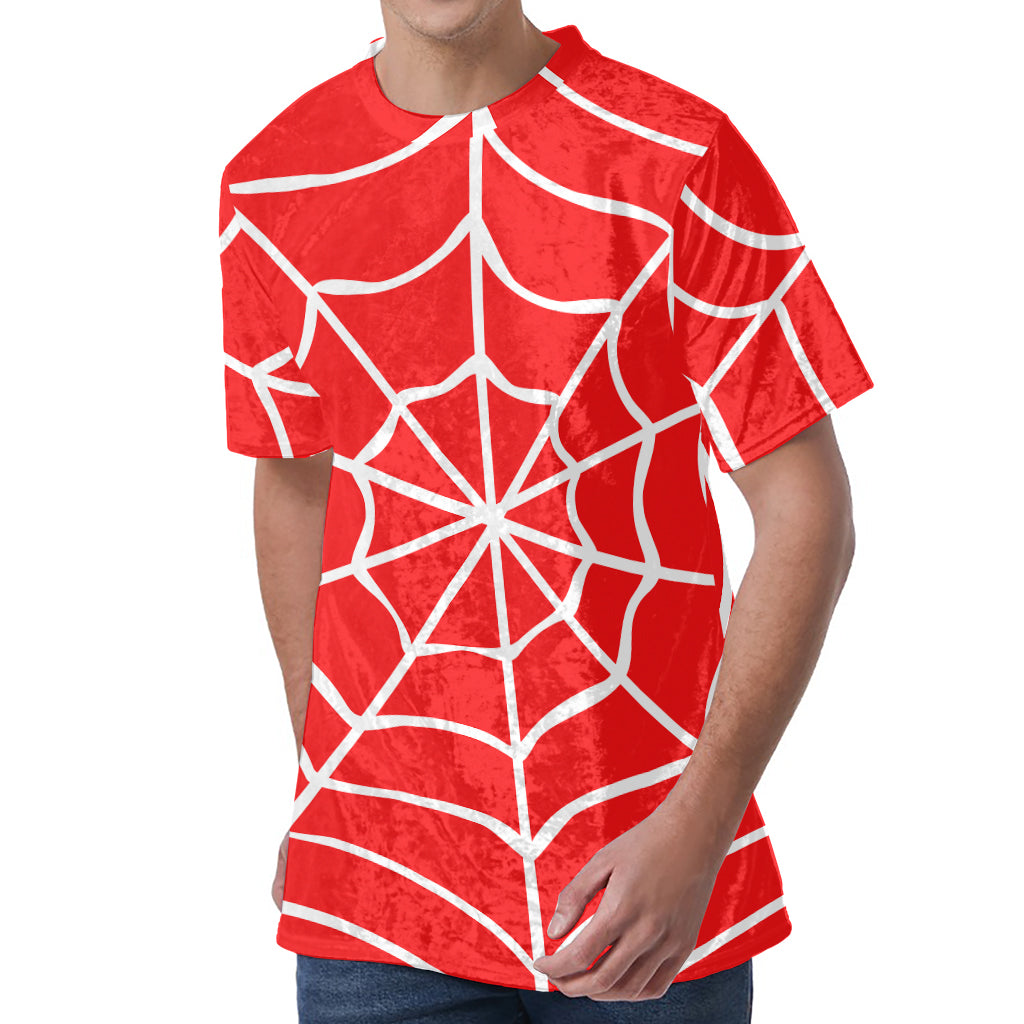 Red And White Spider Web Pattern Print Men's Velvet T-Shirt