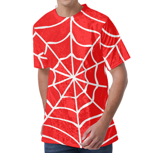 Red And White Spider Web Pattern Print Men's Velvet T-Shirt