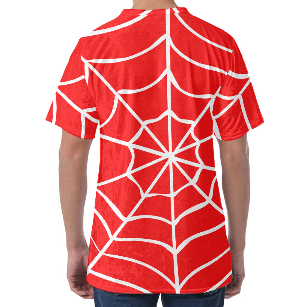 Red And White Spider Web Pattern Print Men's Velvet T-Shirt