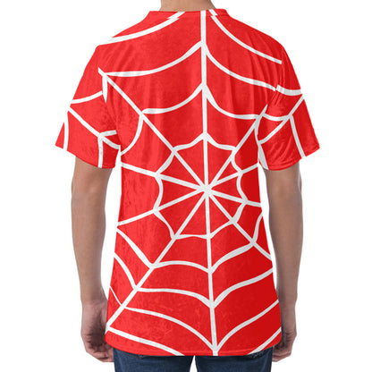 Red And White Spider Web Pattern Print Men's Velvet T-Shirt