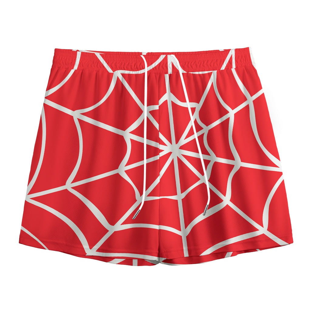 Red And White Spider Web Pattern Print Mesh Shorts