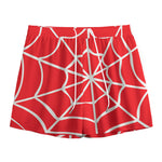 Red And White Spider Web Pattern Print Mesh Shorts