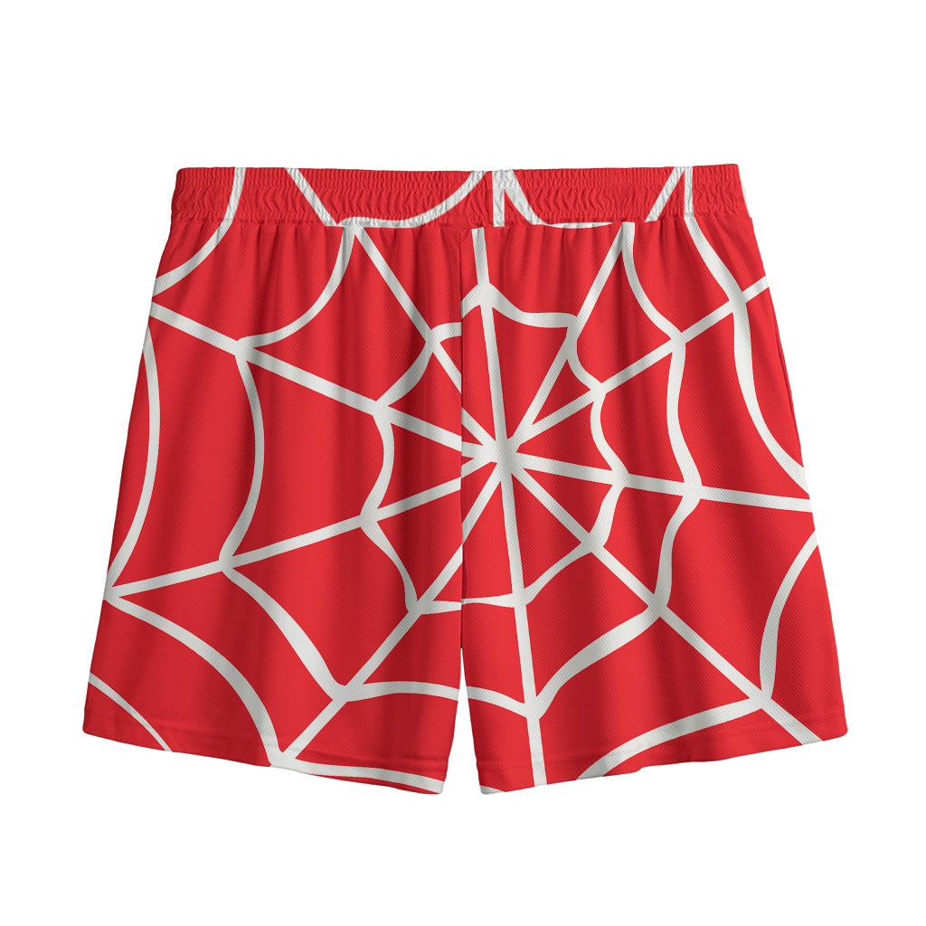 Red And White Spider Web Pattern Print Mesh Shorts
