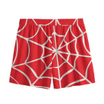 Red And White Spider Web Pattern Print Mesh Shorts