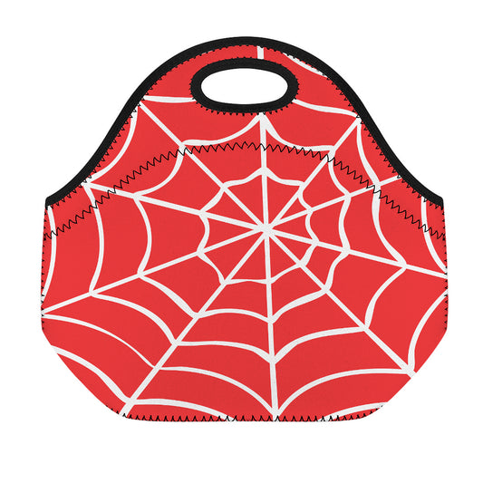 Red And White Spider Web Pattern Print Neoprene Lunch Bag