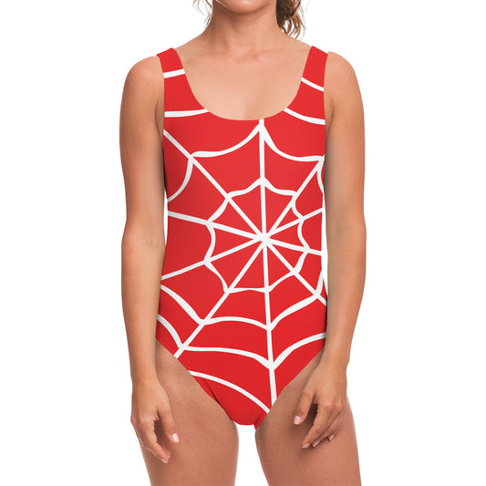 Red And White Spider Web Pattern Print One Piece Swimsuit