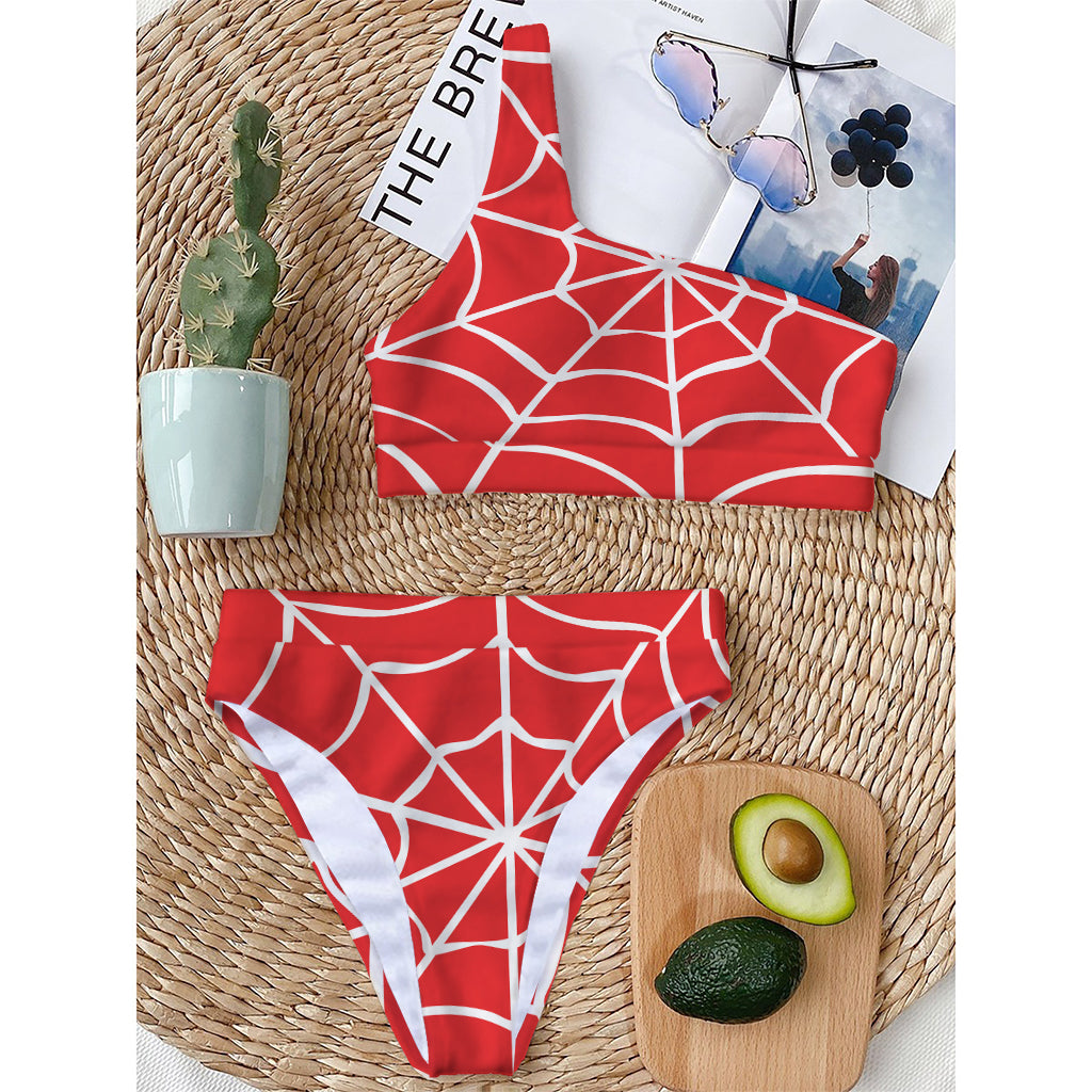 Red And White Spider Web Pattern Print One Shoulder Bikini Top