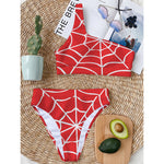 Red And White Spider Web Pattern Print One Shoulder Bikini Top