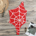 Red And White Spider Web Pattern Print One Shoulder Bodysuit