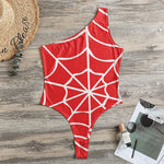 Red And White Spider Web Pattern Print One Shoulder Bodysuit