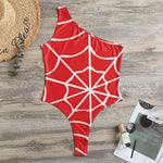 Red And White Spider Web Pattern Print One Shoulder Bodysuit